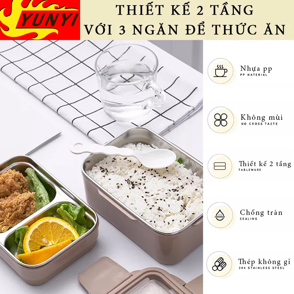 Hộp đựng cơm giữ nhiệt 2 tầng,hộp Đựng xơm văn phòng ruột INOX cao cấp,dùng được trong lò vi sóng