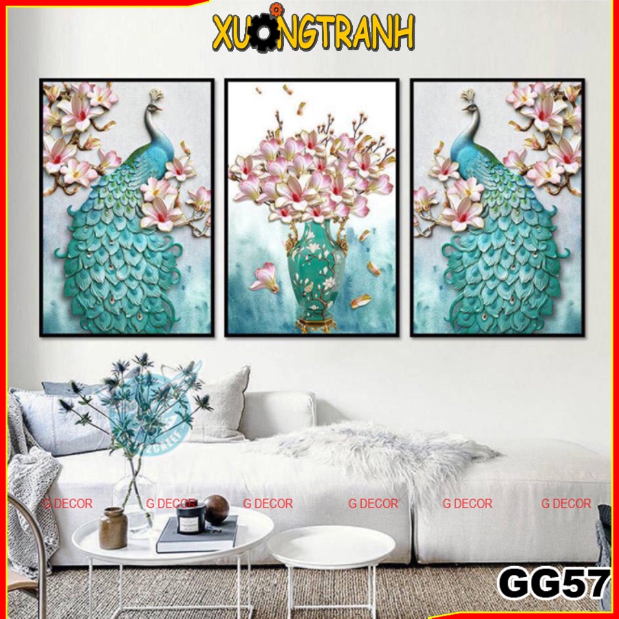 Tranh treo tường canvas 3 bức phong cách Bắc Âu 57, tranh chim công trang trí phòng khách, phòng ngủ, phòng ăn,spa,store