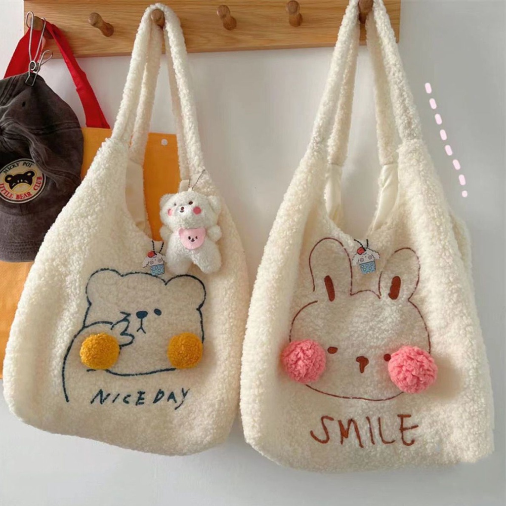 Túi Tote Đeo Vai Bằng Len Lông Cừu Dễ Thương Sức Chứa Lớn Phong Cách Nhật Bản Thời Trang Thu Đông