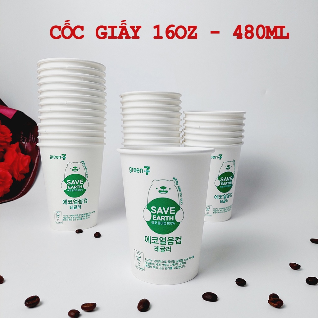 50 Cốc giấy 480ml - 16oz Gấu Xanh hàng NHẬP KHẨU HÀN QUỐC