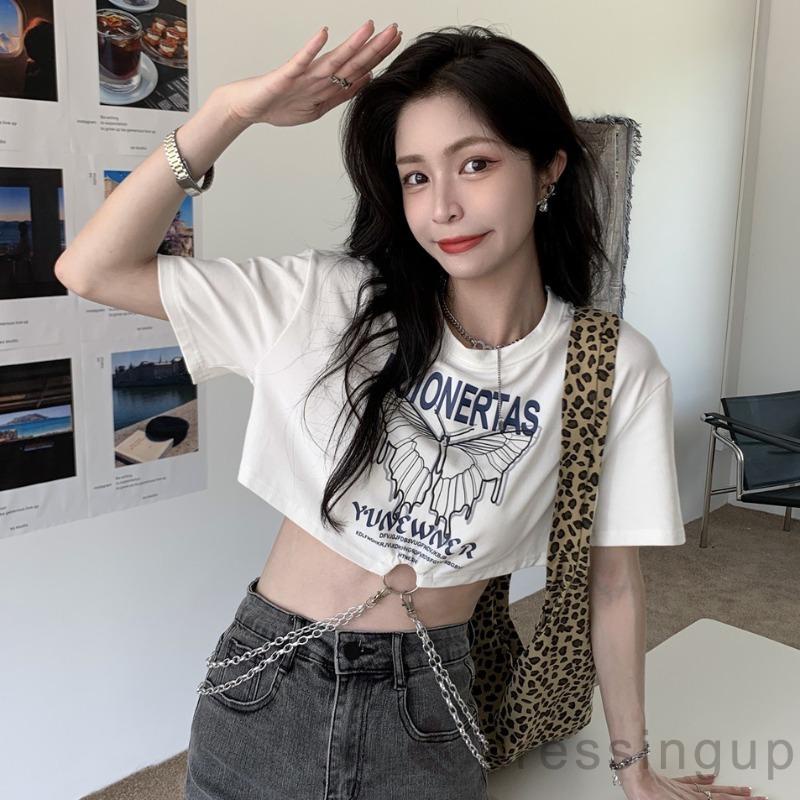 DRE-Women Summer T-Shirt , Short Sleeve Round Collar Butterfly Letters Print Metal Chain T-Shirt
