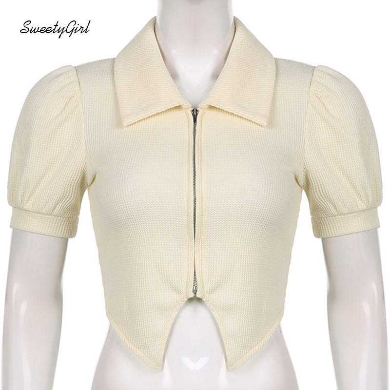 Áo Sơ Mi Tay Phồng Ngắn Cổ Bẻ Dáng Ôm Màu Trơn Phối Khóa Kéo Thời Trang Cho Nữ