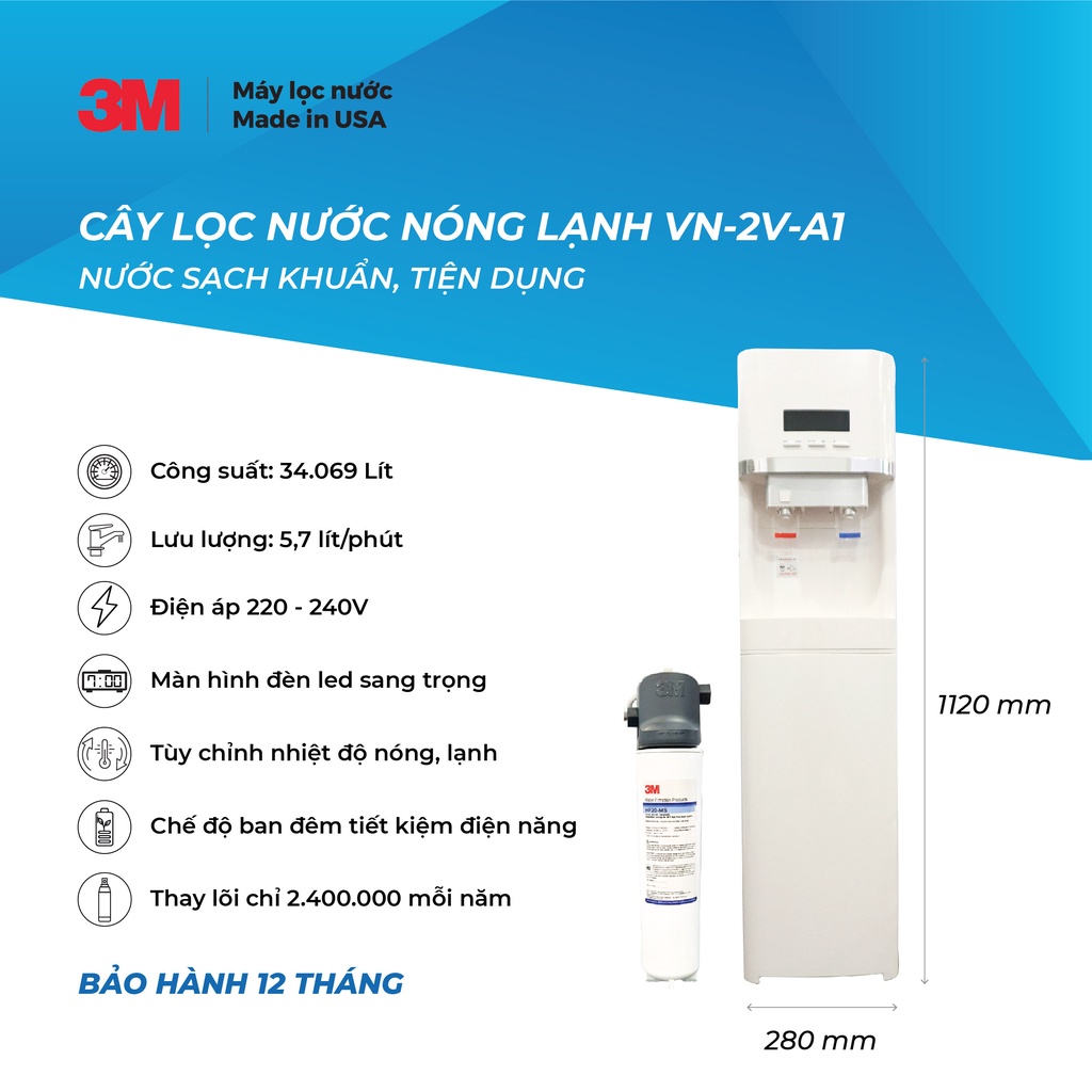 Máy Lọc Nước Nóng Lạnh 3M VN-2V-A1 Có Bảng Điện Tử (Sử Dụng Máy 3M Brew120-MS)