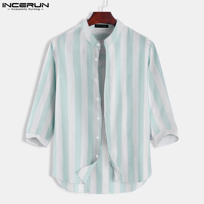 INCERUN Áo Sơ Mi Henley Dài Tay Cổ Tròn Họa Tiết Kẻ Sọc Cho Nam