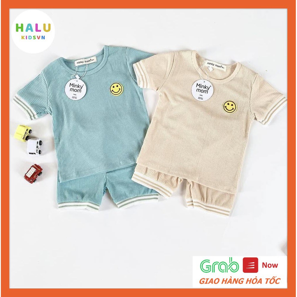 Xả!!! Bộ cộc tay Minky Mom gân tăm thêu họa tiết mặt cười cho bé trai và bé gái - BCG01.Halukidsvn