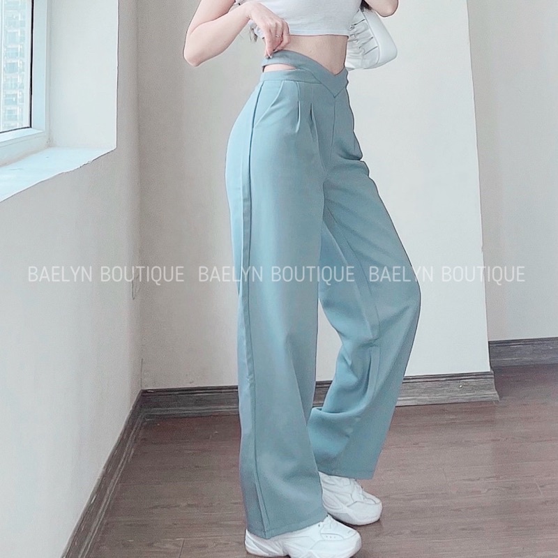 Quần suông ống rộng khuyết eo tôn dáng màu xanh và đen dành cho nữ - Hàng chuẩn QCCC | BigBuy360 - bigbuy360.vn
