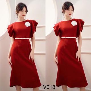 Váy đỏ đai ngọc V018 - Thương hiệu Modish and Chic (MC) ( kèm ảnh thật trải sàn shop tự chụp)