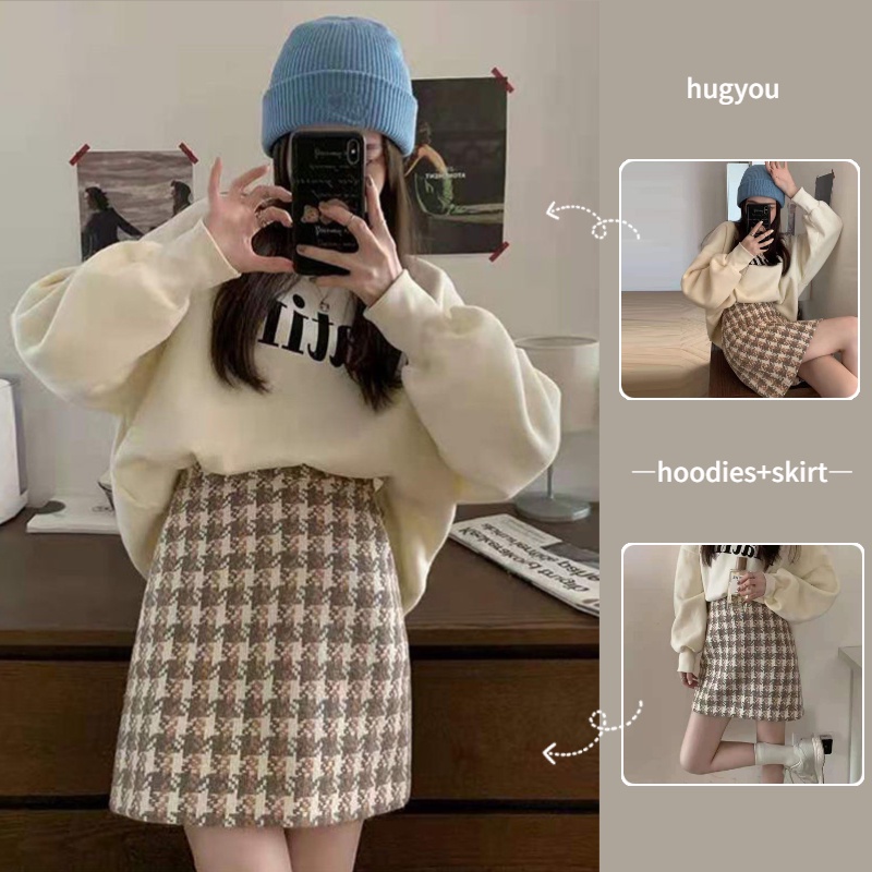 Set Áo Len Dài Tay + Chân Váy Họa Tiết Sọc Caro Thời Trang Dành Cho Nữ