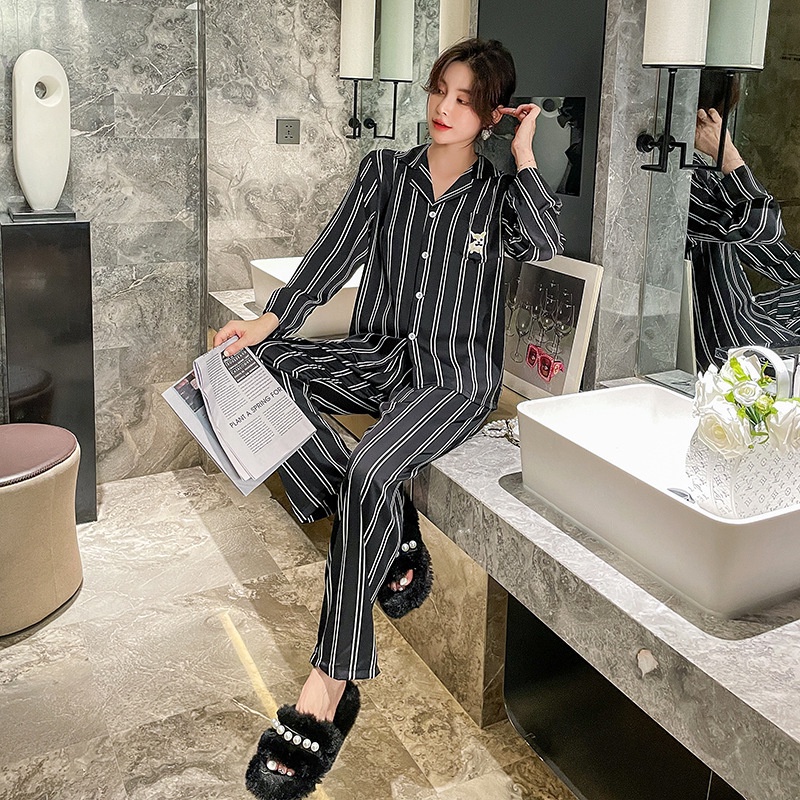 Bộ đồ ngủ dài tay giả lụa lạnh họa tiết kẻ sọc thiết kế độc đáo thời trang xuân thu cho cặp đôi