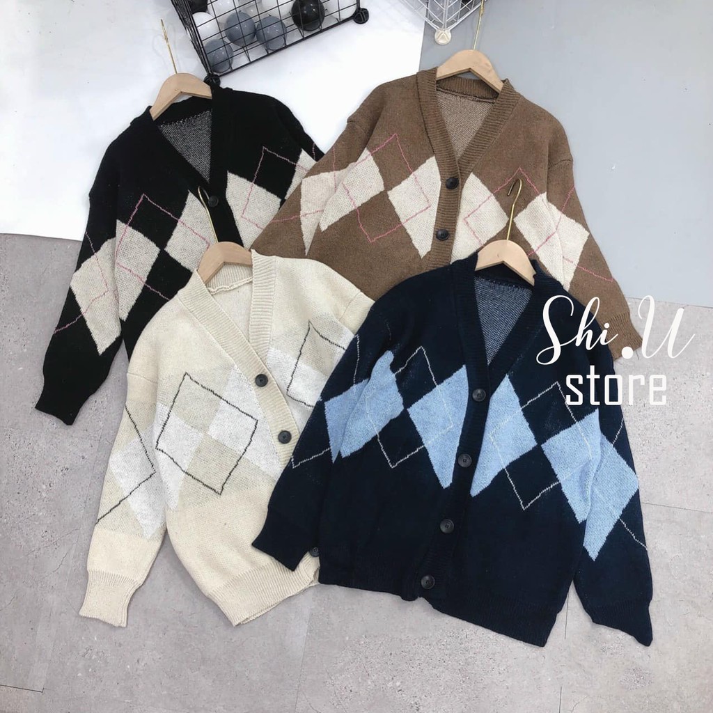Áo Khoác Len Cardigan Tay Dài Kẻ Caro Quả Trám Dáng Rộng Ulzzang Hàng QC Chất Dày Mịn | BigBuy360 - bigbuy360.vn