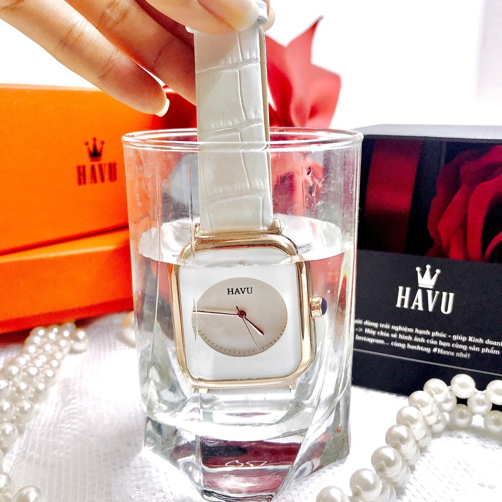 Đồng Hồ Nữ HAVU Chính Hãng Full Box Mặt Vuông 35mm Dây Da Cao Cấp Kính Chống Xước, Chống Nước Tuyệt Đối - Trắng