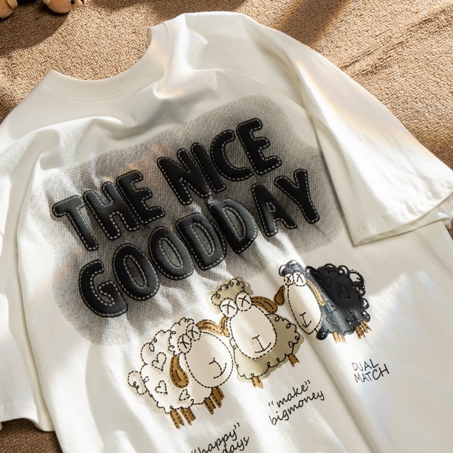 Áo Thun Cổ Tròn Unisex The Nice Goodday In Hình Cừu Phong Cách Ullzang,Áo Phông Tay Lỡ Chất Cotton Thoáng Mát