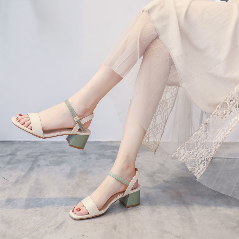 Guốc/Dép nữ✈Da Xianni high-end sandals female 2021 new trendy summer fashion outer wear high heels wild fairy mid-heel