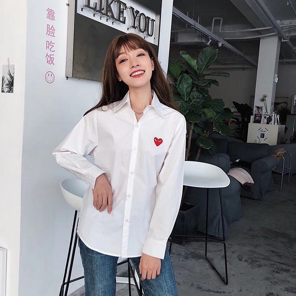 Áo sơ mi trắng nữ dài tay công sở thêu hoạ tiết trái tim xinh phong cách Hàn Quốc Sm127