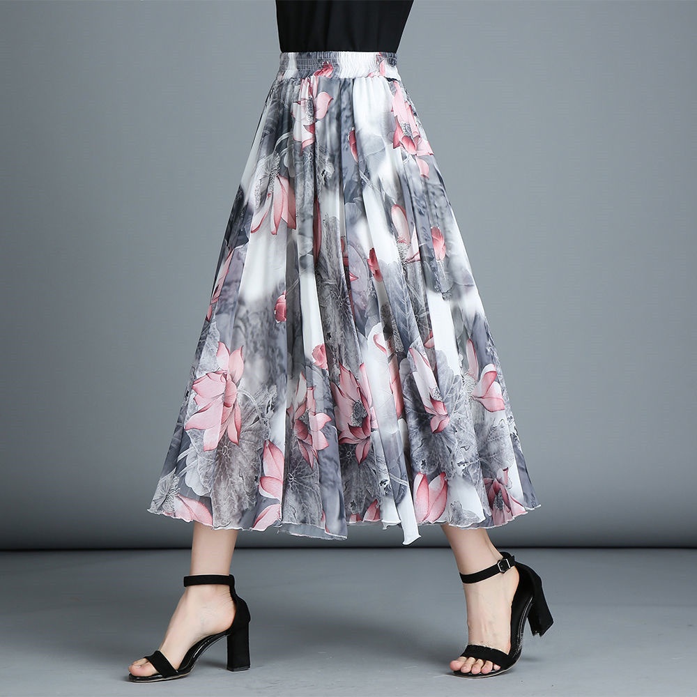Chiffon Floral Skirt  long skirt, high waist and thin A-line skirt, printed skirt, large swing skirt, mid-length skirt