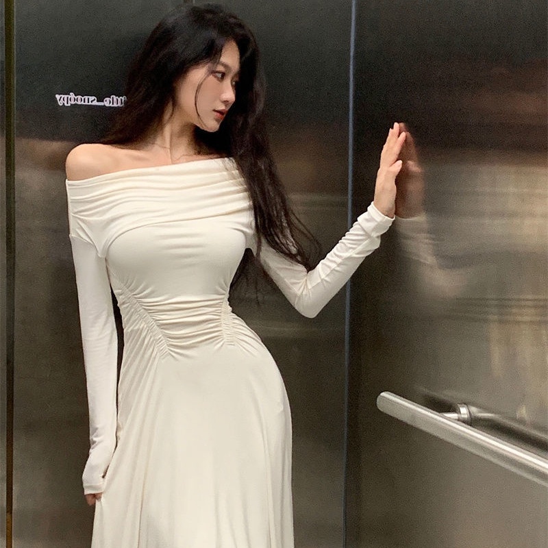 COZOK Đầm Trễ Vai Tay Dài Dáng Ôm Thời Trang Quyến Rũ Cho Nữ