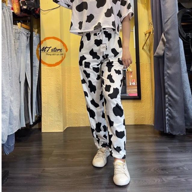Quần Bò Sữa Ống Suông From Rộng Dáng Jogger In Họa Tiết Loang Bò Sữa Có Dây Rút Gấu Phong Cách Ulzzang xịn | BigBuy360 - bigbuy360.vn