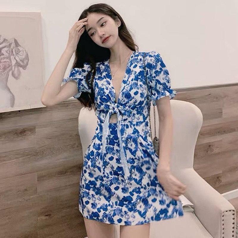 Đầm Hoa Dáng Ôm Cột Nơ Phong Cách Hàn Quốc Thời Trang Xinh Xắn Cho Nữ