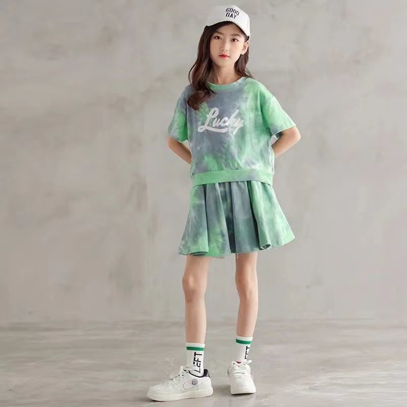 Set áo thun tay ngắn phối quần Short nhuộm màu thời trang mùa hè cho bé gái