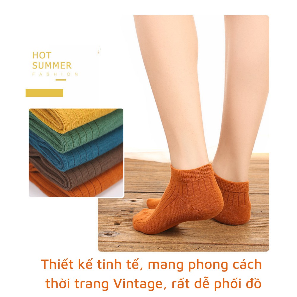 Tất nữ cổ ngắn SET 5 ĐÔI phong cách vớ nữ Vintage, vải len tăm cotton cao cấp