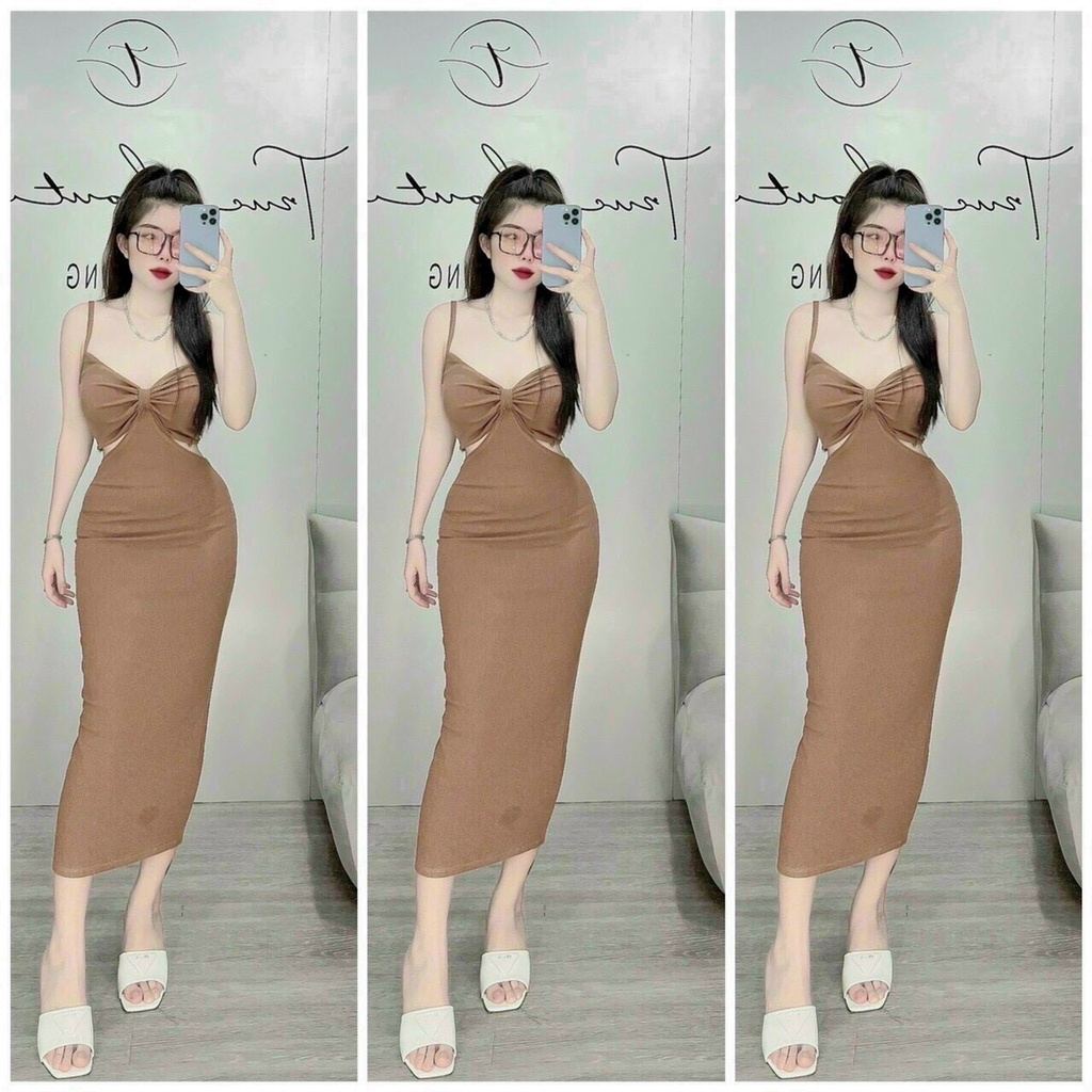 Đầm body dáng dài thun gân nhúm nơ ngực khoét eo sexy sang chảnh