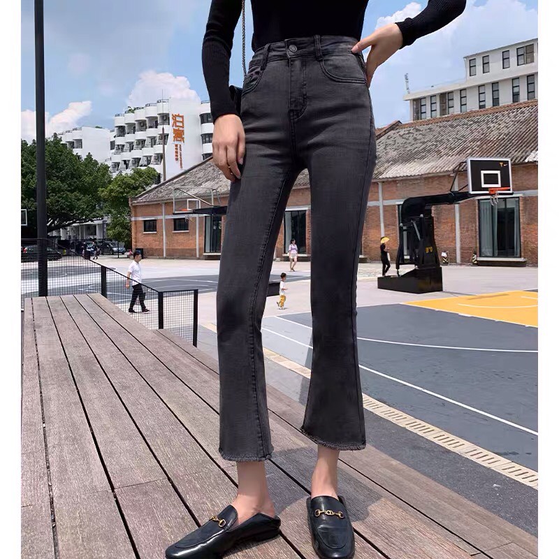 Quần Jeans Nữ Ống Loe Tua Gấu Xám Tro Cá Tính, Quần Bò Nữ Dáng Loe Lưng Cao Siêu Hack Dáng Cao Cấp