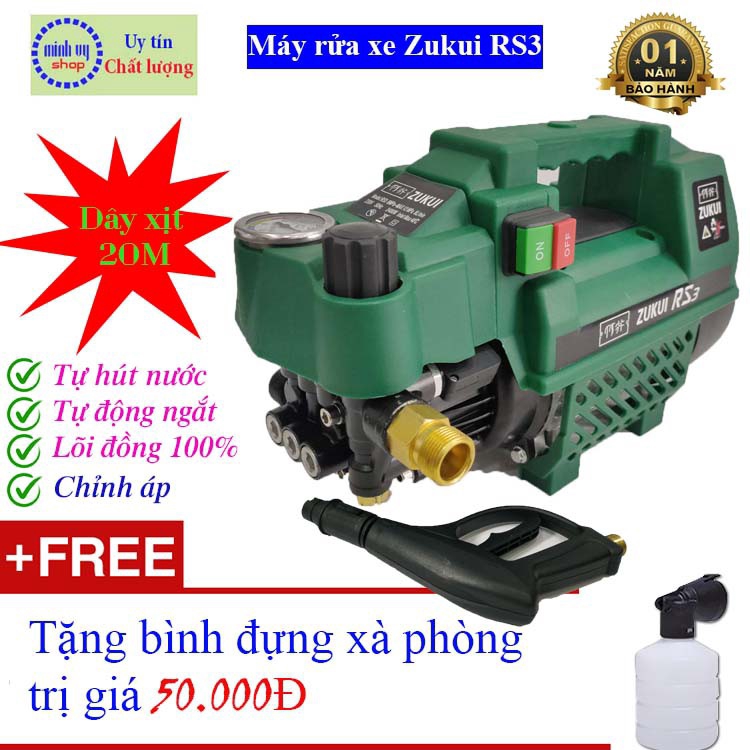 [Dây xịt 20m] Máy rửa xe chỉnh áp Zukui RS3- máy rửa máy lạnh 2400w- tự động ngắt tự hút nước tặng bình xà phòng