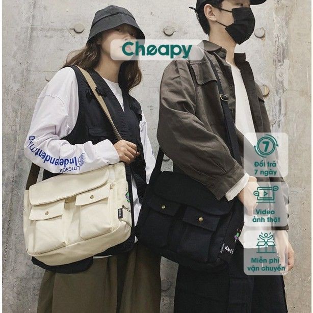 Túi tote ĐĨA BAY dáng hộp phom to - Túi tote đeo chéo unisex nhiều ngăn túi hộp vải canvas giá siêu rẻ WK058