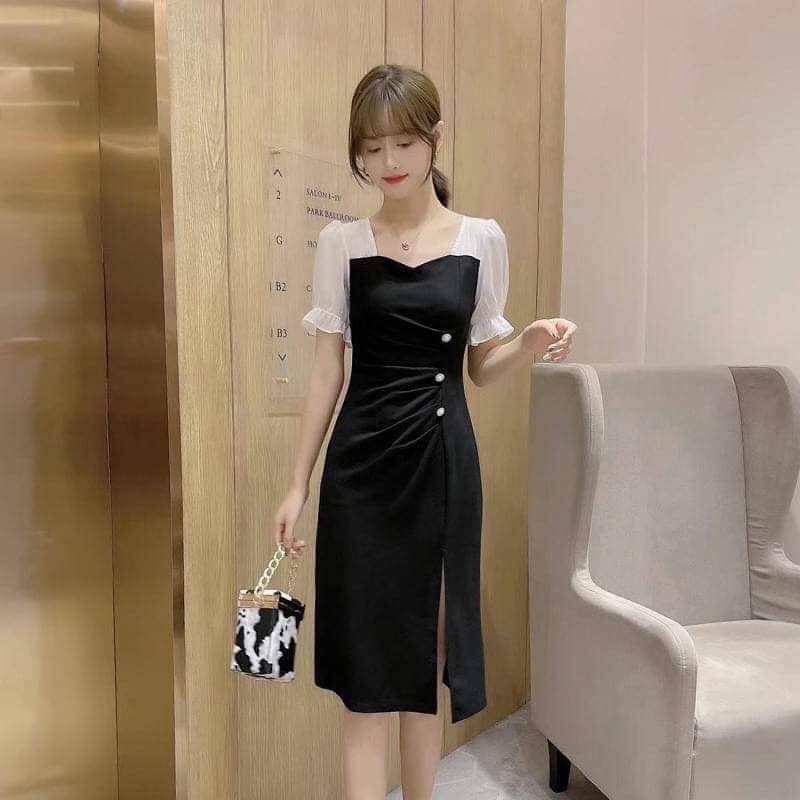 Váy Ôm Cổ Vuông Đuôi Xẻ Tả Màu Đen Mĩx Tay Phồng Trắng Đủ Size Từ 40-120kg