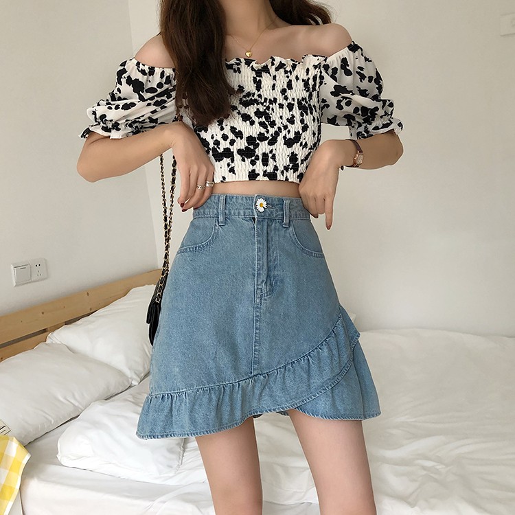 Chân váy denim phối kiểu nhún bèo lệch tà thời trang dành cho nữ | BigBuy360 - bigbuy360.vn