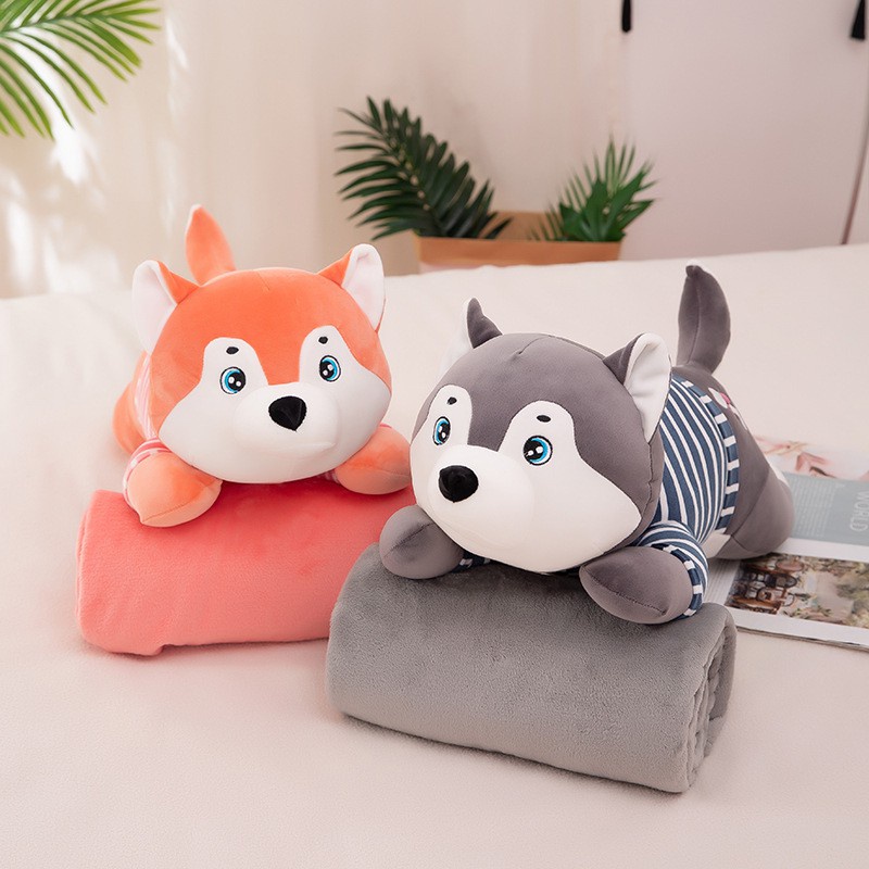 ♣☁Bộ chăn gối văn phòng Mền Gấu Bông Chó Husky Mặt Ngáo 3 Trong 1 Kích Thước 1*1,7m