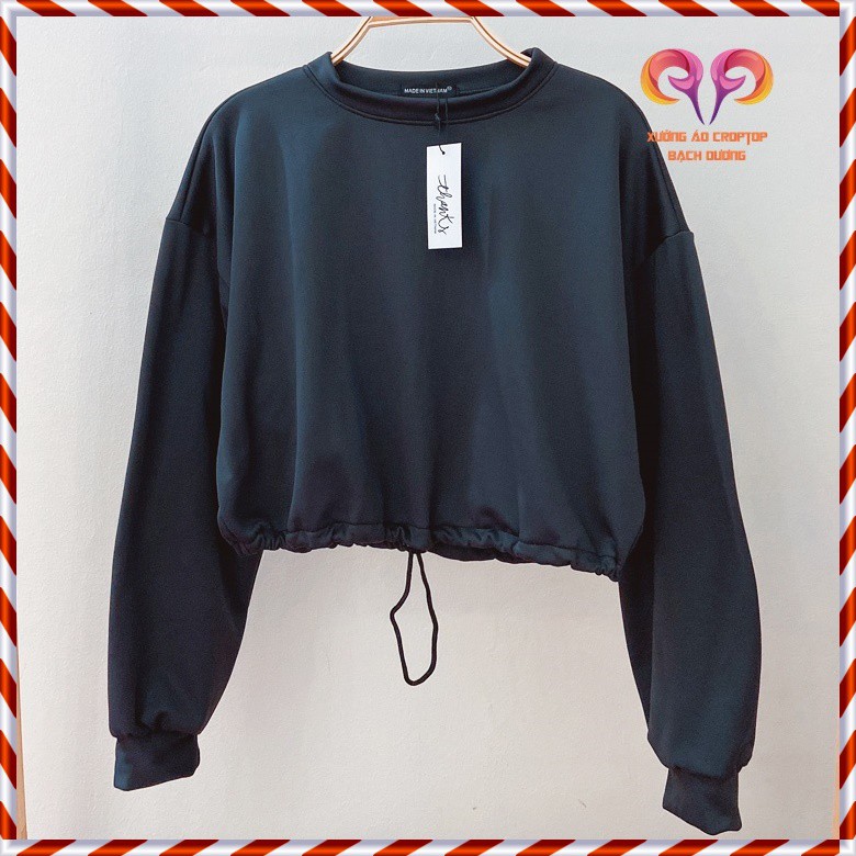 Áo Sweater Croptop Nữ Chất Nỉ Rút Eo Bo Tay Dài Vải Dày Mịn Cổ Tròn (100% ảnh thật).