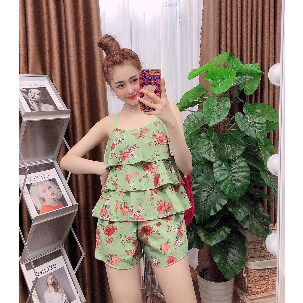 Đồ ngủ  2 dây 3 tầng sexy vải lụa hàn siêu mát , mềm mịn họa tiết nhiều mẫu siêu xinh freesize dưới 57kg