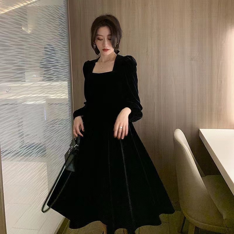 Đầm nữ Perty cổ vuông tay dài thời trang mùa thu phong cách Hàn Quốc 2022