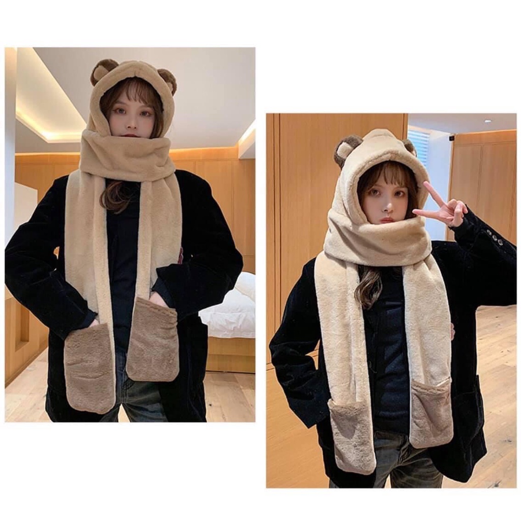 S91228  Mũ gấu liền khăn và găng tay giữ ấm nữ cao cấp mùa đông hàng nhập