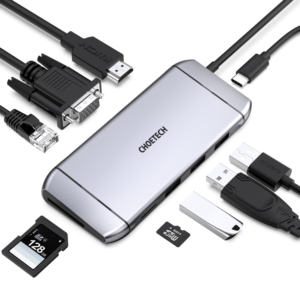 Bộ Chia CHOETECH Cổng USB C 9 Trong 1 Với 4k Hdmi/PD 100w/Usb 3.0/Rj45 Ethernet/60hz Vga/Tf Cho Macbook Pro/Air/Imac