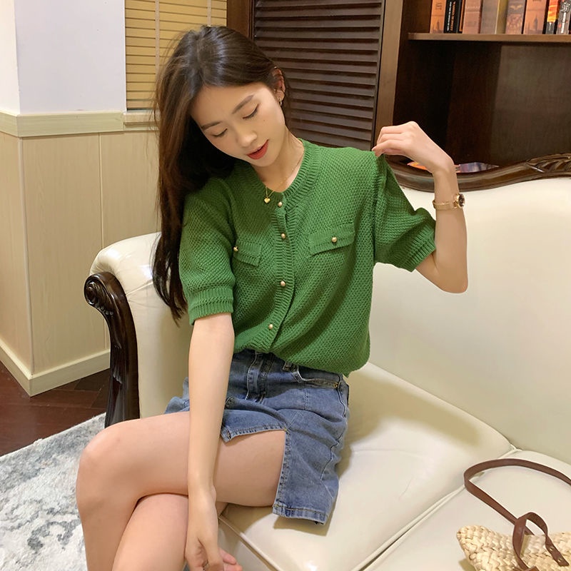 Áo cardigan Tay Ngắn Dáng Rộng Màu Xanh Lá Đậm Phong Cách retro Thời Trang Hàn Quốc