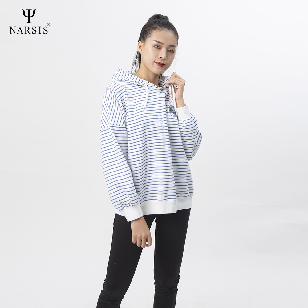 Áo thu đông nữ Narsis L0048 màu trắng kẻ xanh mũ liền
