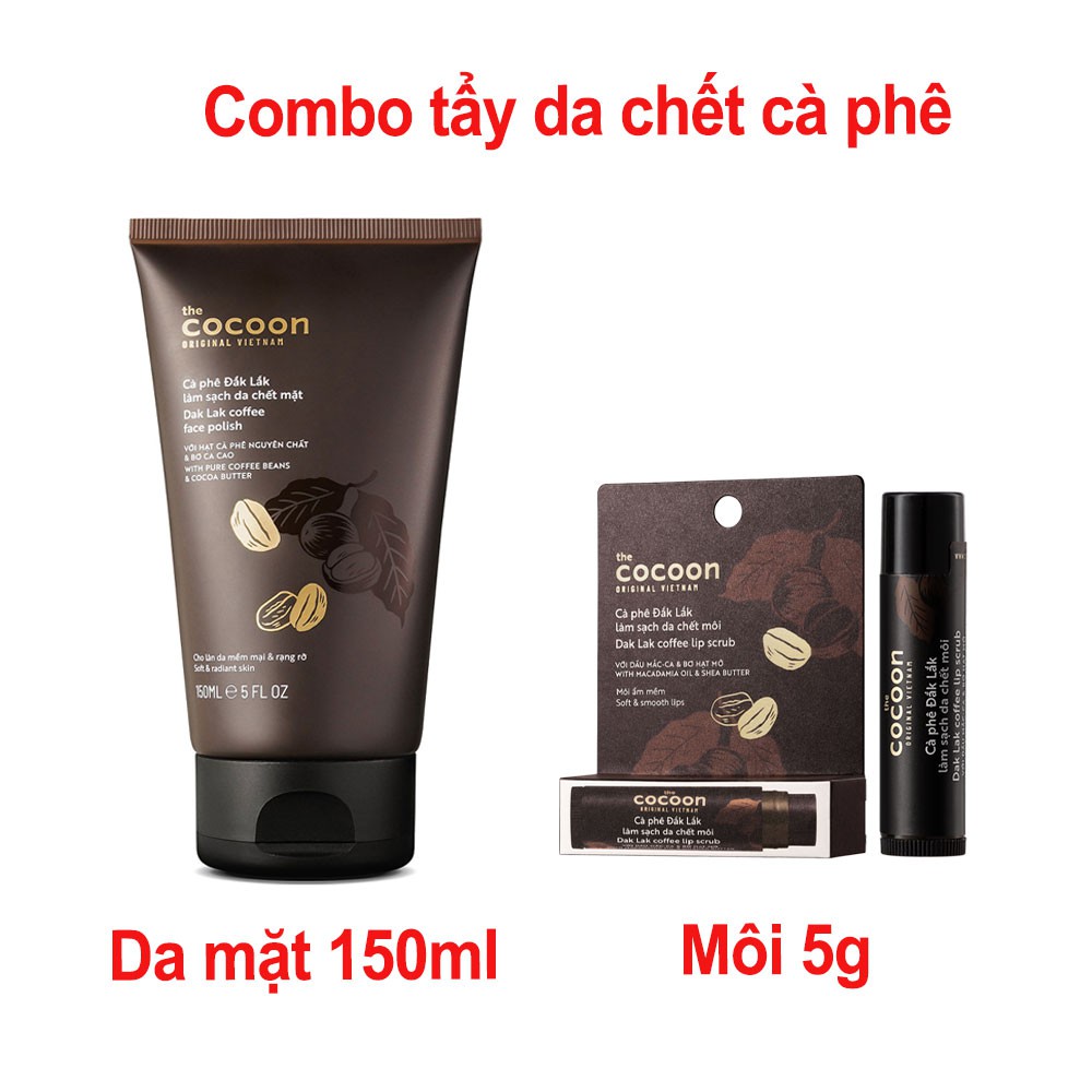 Combo cà phê tẩy da chết da mặt cocoon 150ml + Tẩy da chết son môi cocoon 5g