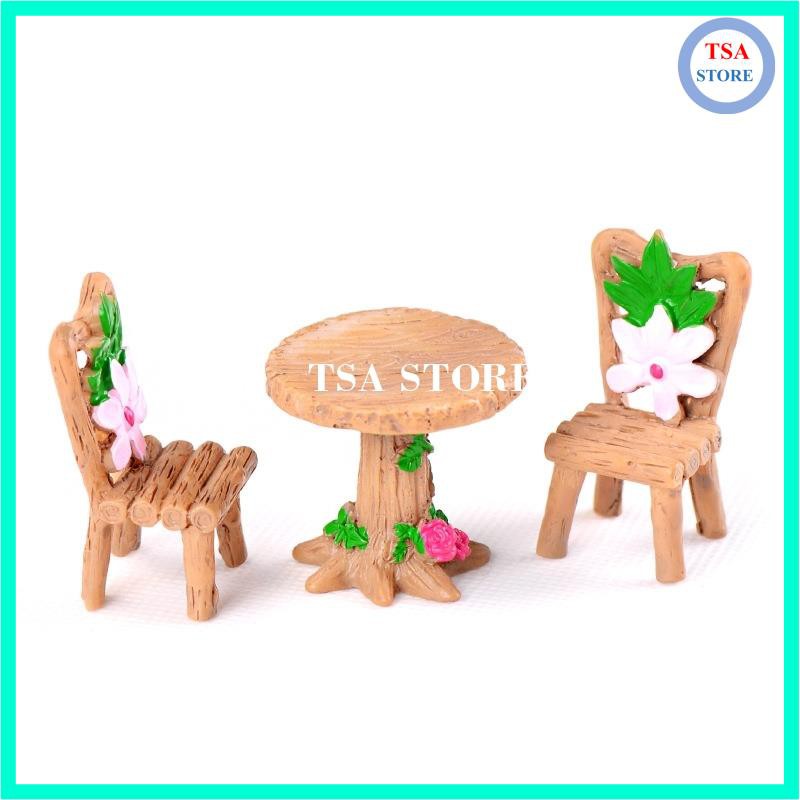 Phụ kiện tiểu cảnh terrarium Bộ bàn ghế gỗ trang trí tiểu cảnh/chậu cây mini/hồ cá/bonsai/hòn non bộ/sen đá/xương rồng