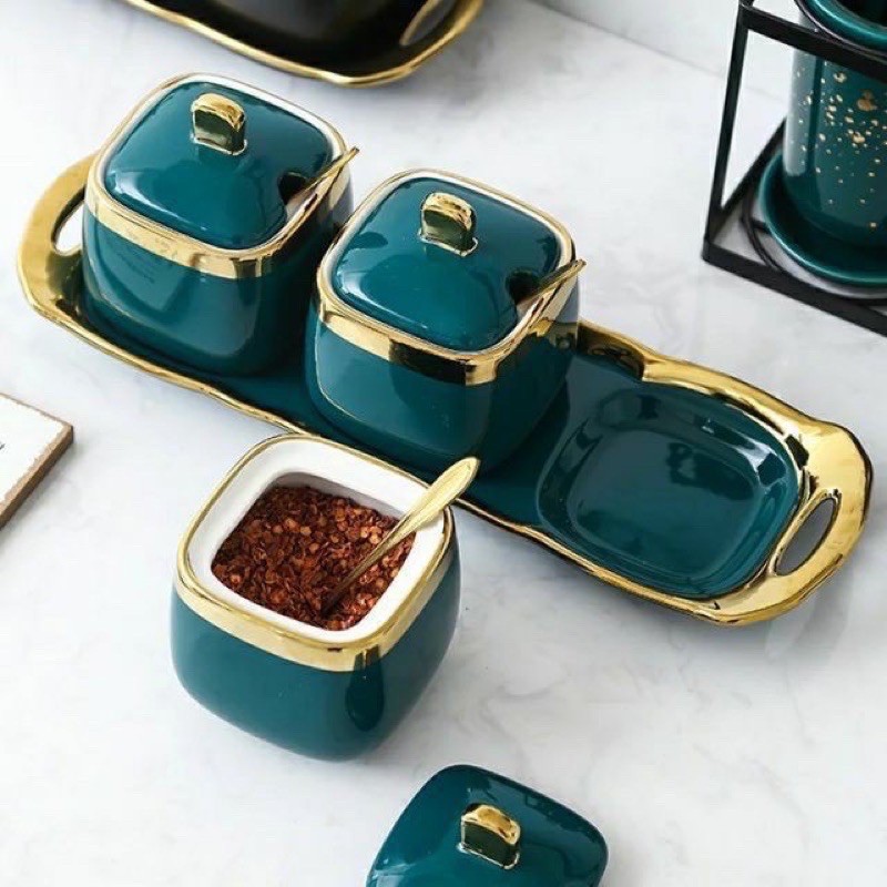 3 hũ gia vị sứ lục ngọc bảo. hàng cao cấp