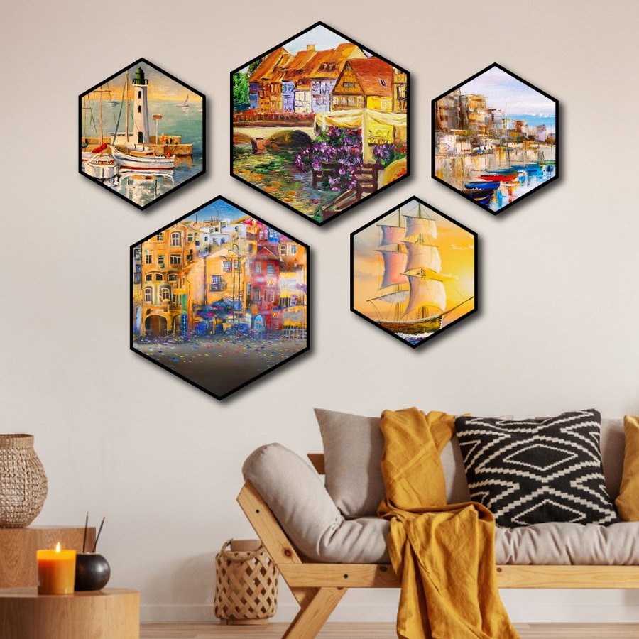 Bộ 5 tấm tranh treo tường gỗ MDF Lala Thành Phố Sơn Dầu trang trí phòng khách treo tường kèm đinh 3 chân đa năng