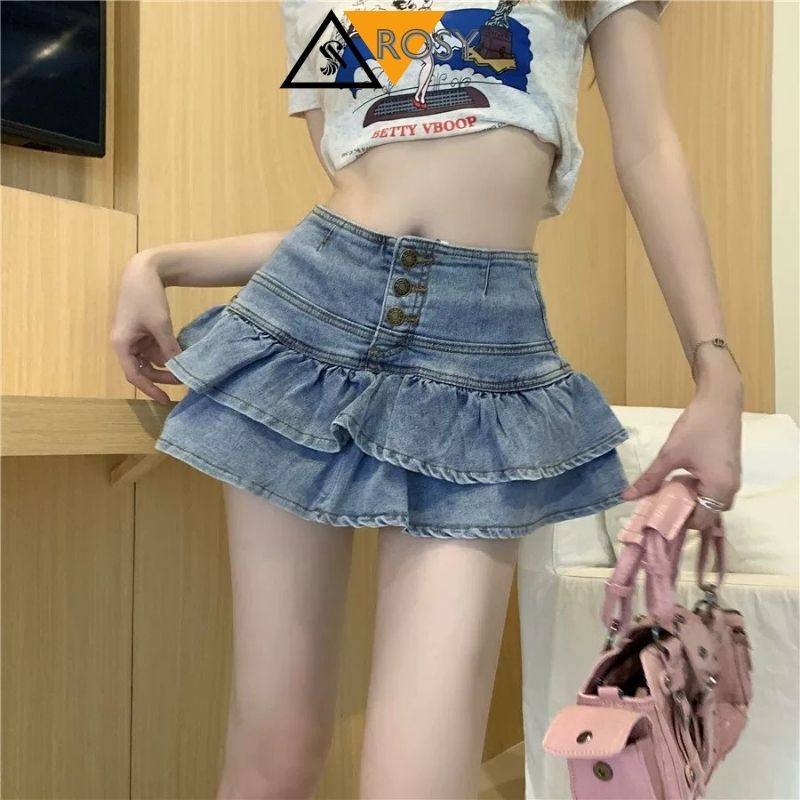 Chân váy jean phối nút 2 tầng vạt xòe đuôi cá chất cao cấp dày dặn