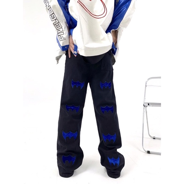 Quần Jean thêu hình con dơi xanh/ quần jean nam nữ ống đứng