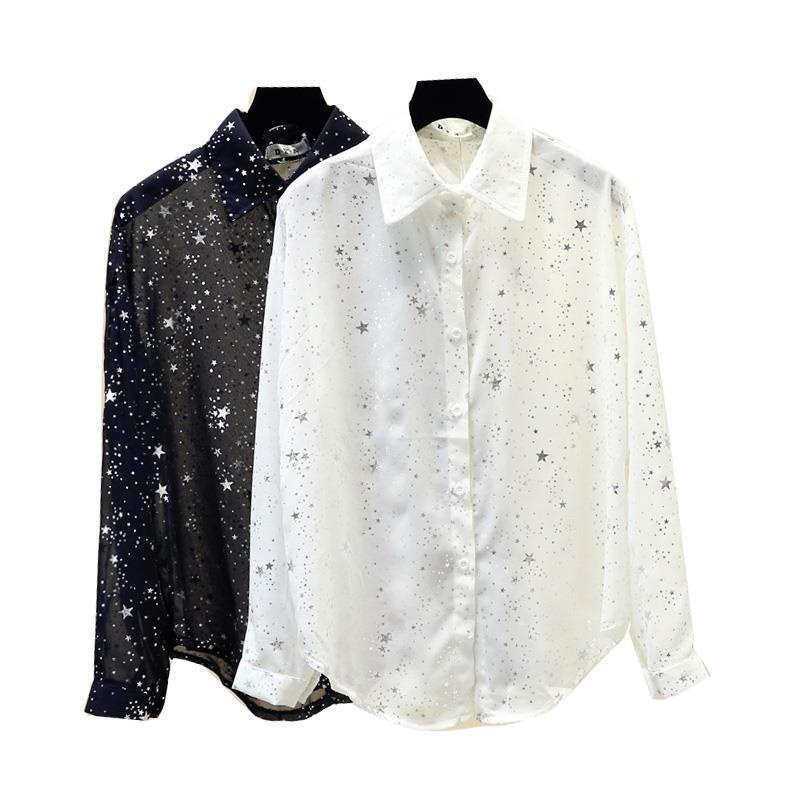 Áo Sơ Mi Chiffon Tay Dài Dáng Rộng Họa Tiết Ngôi Sao Lấp Lánh Thời Trang Mùa Hè Hàn Quốc Mới 2020