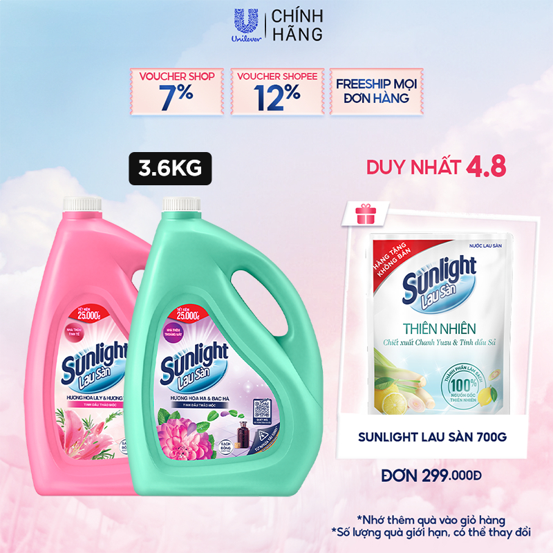 Nước lau sàn Sunlight Tinh dầu Thảo mộc 100% Sạch bóng ngát hương | Chai 3.6 KG | Hoa Hạ - Bạc Hà | Lily - Hương Thảo