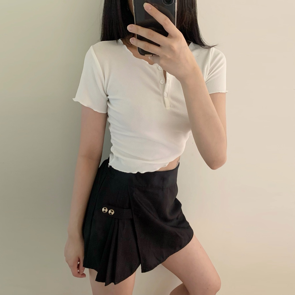 (SET 2 MÓN có BIGSIZE) Set áo len thun tổ ong có nút cổ tròn + quần giả chân váy chữ A BO CHUN ulzzang đi chơi basic