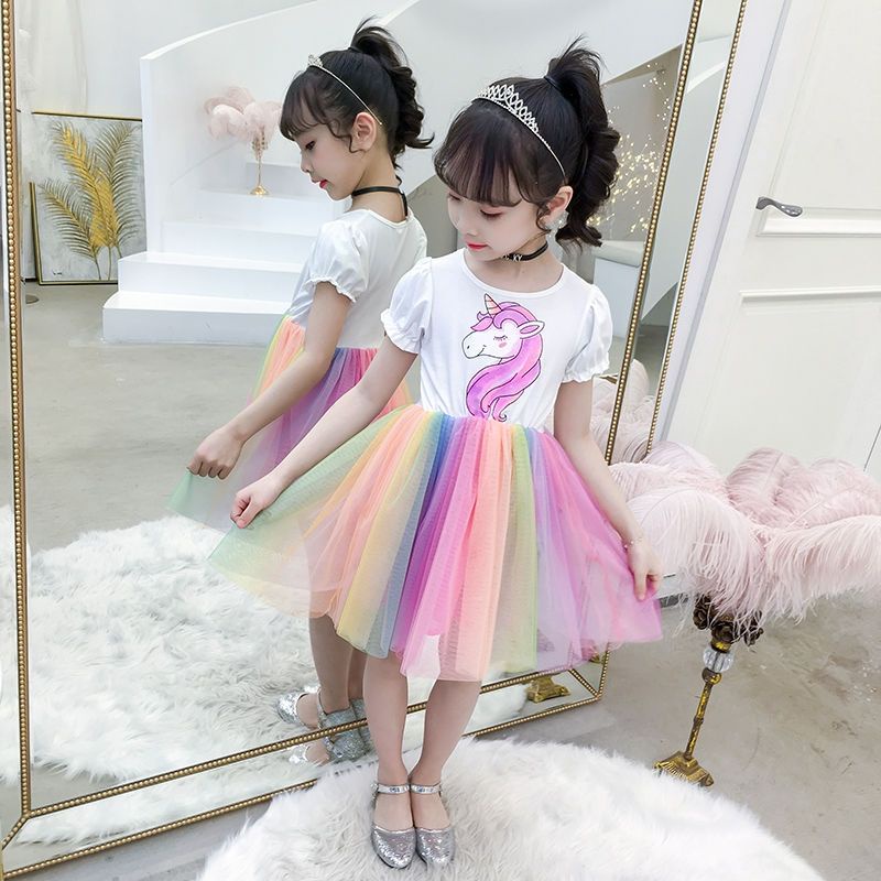 Váy cô gái váy cầu vồng mới cô gái nhỏ váy công chúa váy trẻ em