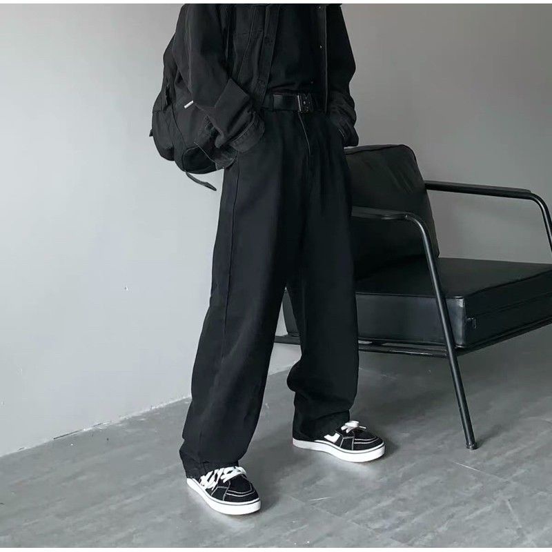 Quần kaki jean trơn ống rộng màu đen trắng nam nữ
