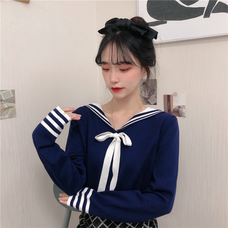 Áo sweater dệt kim chui đầu dáng rộng cổ hải quân phong cách ngọt ngào thời trang thu đông 2020 mới cho nữ